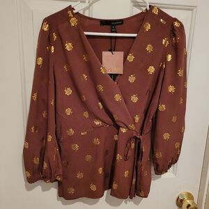 harve Bernard Women's Brown Wrap Top with Gold Accents
